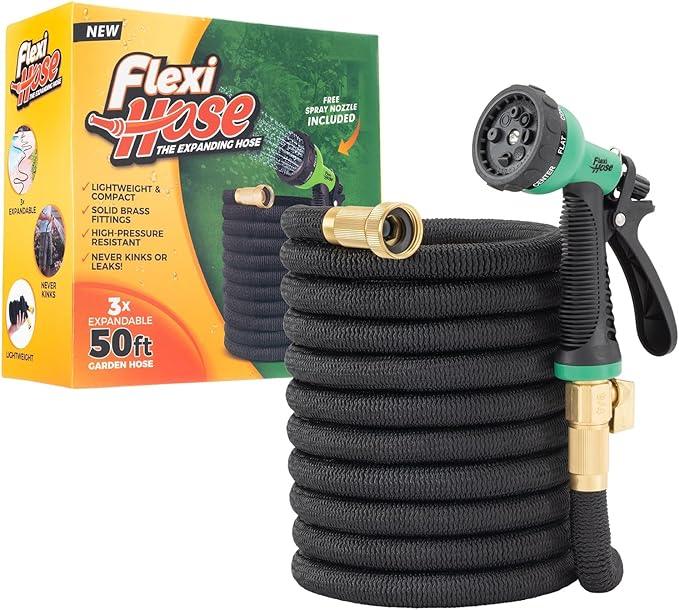 Flexi Hose Expandable Garden Hose with 8 Function Nozzle, 50FT - Lightweight Retractable Garden Hose, Water Hose - No-Kink Flexibility, 3/4 Inch Solid Brass Fittings and Double Latex Core - NeatNest