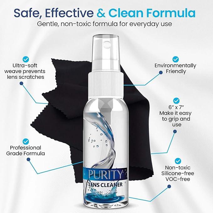 Purity Eyeglass Cleaner Family Pack - Multi-Size Lens Cleaner Kit - 1x1oz, 1x2oz, 1x4oz, 1x8oz Bottles + 4 Premium Microfiber Cloths - Safe for All Lenses, Eyeglasses, & Screens - Streak-Free Formula - NeatNest