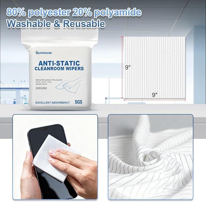 Anti-Static Microfiber Wipes 9"x9"(100 Pcs,Class 100, 200GSM) Lint Free Cloths Reusable Special ESD protection design is suitable for protecting sensitive electronic components and tools - NeatNest