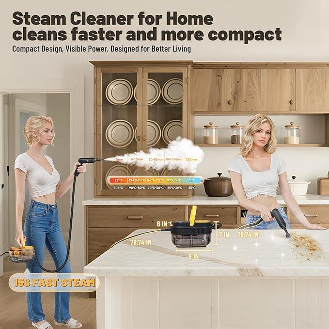 Gautye Steam Cleaner, 3-Level Adjustable Handle, 15s Heat-Up, 1.69 Quarts Tank, Portable Steamer for Cleaning with 15 pcs Accessories, Steam Cleaner for Home for Dirt, Grease, Grout, Tile,Floor, Car - NeatNest
