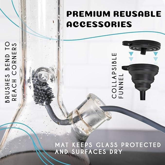 Glass Cleaning Kit - Reusable Silicone Accessories - Complete Kit to Clean your Piece, Just Add Cleaner - Reusable Soaker Bag, Brushes, Mat, Caps & Plugs, Funnel, & Microfiber Towel - NeatNest