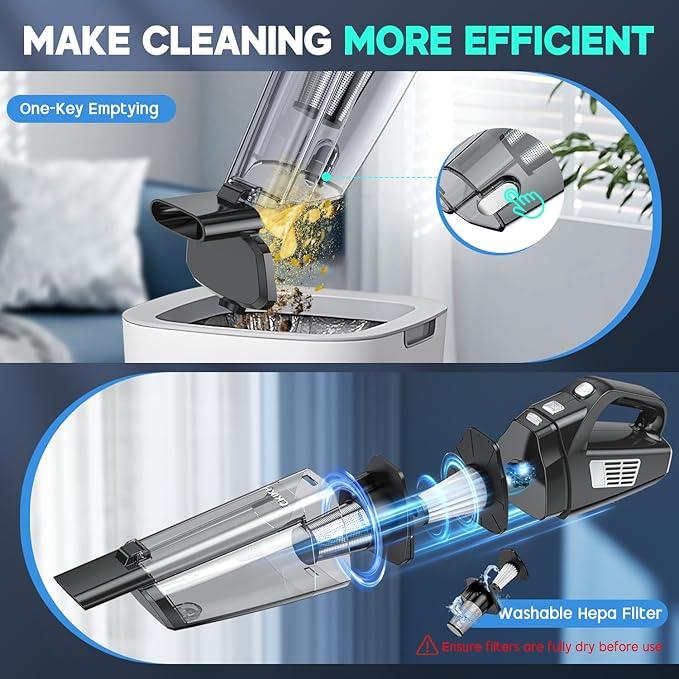 Handheld Vacuum Cordless, 15000PA Strong Suction Hand Held Car Vacuum Cleaner Portable with Multi-Nozzles & Washable Filter, Lightweight Dust Busters Rechargeable for Home, Car, Office, Pets - NeatNest