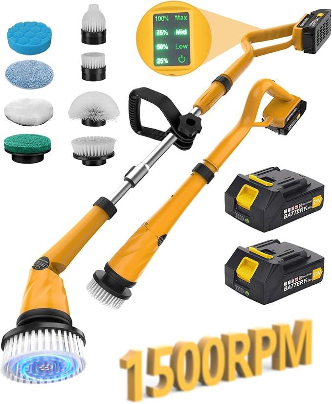 Qimedo 1500 RPM Electric Spin Scrubber with Two Batteries Q2 Pro, Cordless Battery Powered Shower Scrubber,Electric Tile Floor Scrubber with Display for Grout/Tile/Tub (Effortless Handle/8 Brushes) - NeatNest