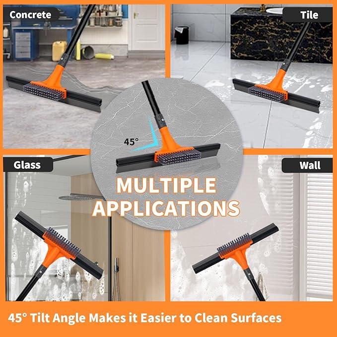 Rubber Floor Squeegee for Concrete Tile Floor, Large Water Squeegee Heavy Duty with Scrub Brush and Long Handle for Cleaning,Squeegee Broom for Window Garage Kitchen Bathroom Deck - NeatNest