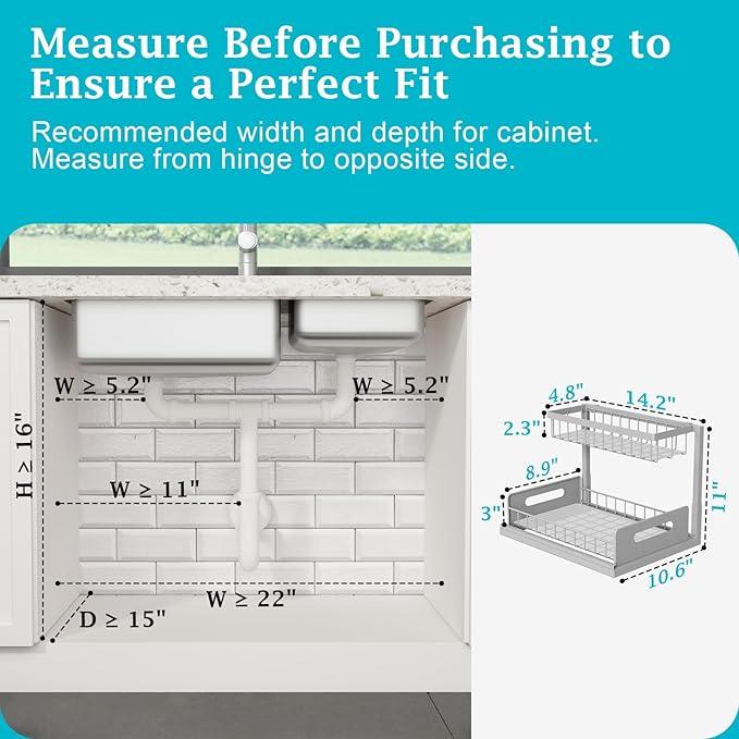 REALINN Under Sink Organizer, Pull Out Cabinet Organizer 2 Tier Slide Out Sink Shelf Cabinet Storage Shelves, Storage for Kitchen Bathroom, Grey, 2 Pack - NeatNest