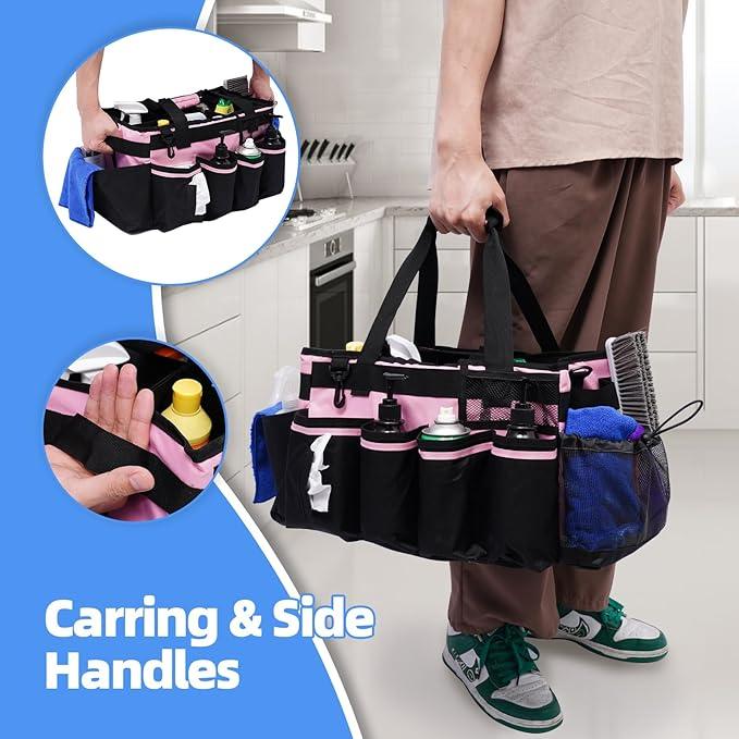 Large Cleaning Caddy, Professional Wearable Supplies Bag for Housekeepers, House Cleaners, and Car Detailing - Organizer Tote With Handle, Pink - NeatNest