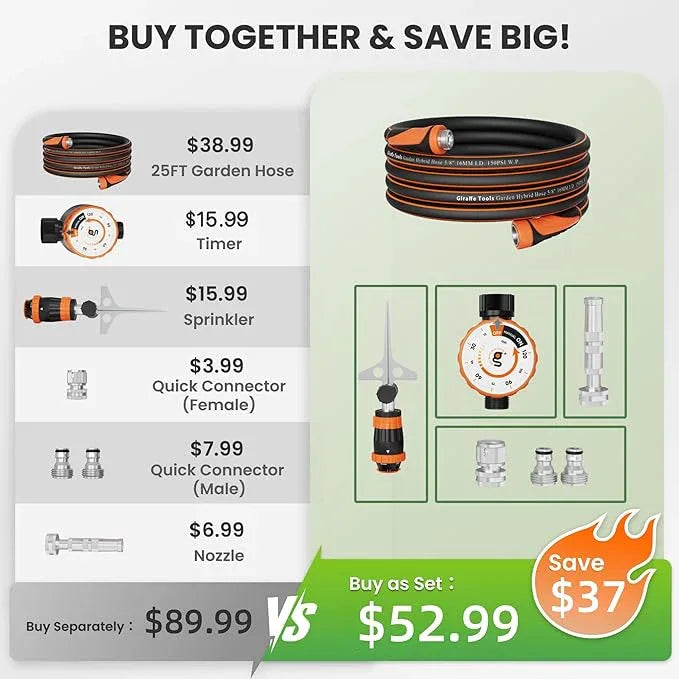 Giraffe Tools Garden Hose 25ft x 5/8", Water Hose Heavy Duty, Flexible with Water Timer Nozzle and Yard Sprinkler, Lightweight Hybrid Hose with Swivel Handle, Male to Female Fittings, Burst 600 PSI - NeatNest