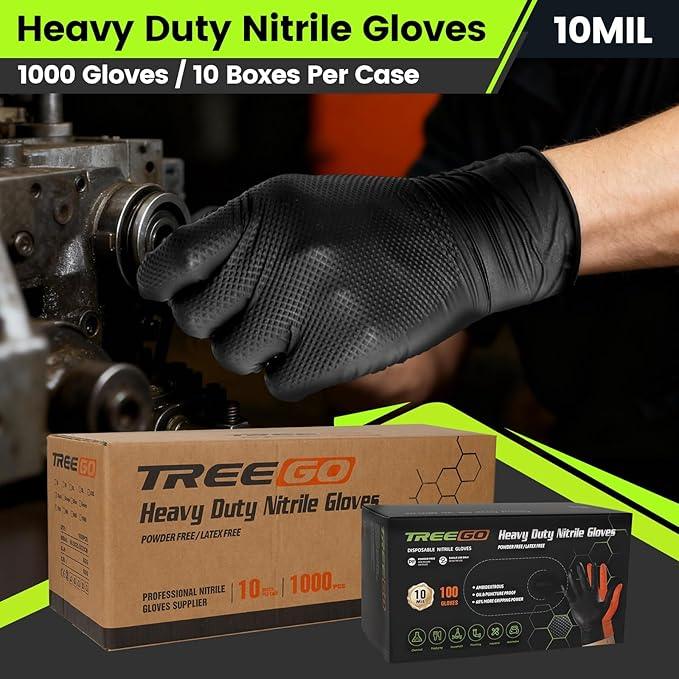 TREEGO 10 Mil Black Nitrile Gloves Bulk Case, 1000 Count X-Large — Heavy Duty Diamond Grip, Latex Free Disposable Gloves for Automotive, Industrial, Construction & Workshop Teams - NeatNest
