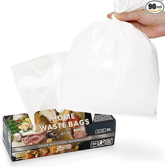 BOS Odor-Sealing Kitchen, Home & Food Small Trash Bags for Waste- Disposable Bags - Scent & Smell Free (50 Bags) [Size XL, Color White] (Pack of 1) - NeatNest