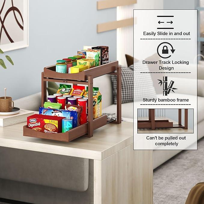 Bamboo Under Sink Organizer and Storage, 2 Pack Pull Out Cabinet Organization, 2 Tier Vertical Slide Out Undersink Storage Shelf, Multi-Purpose Organizer Shelves for Kitchen Bathroom Medicine, Brown - NeatNest