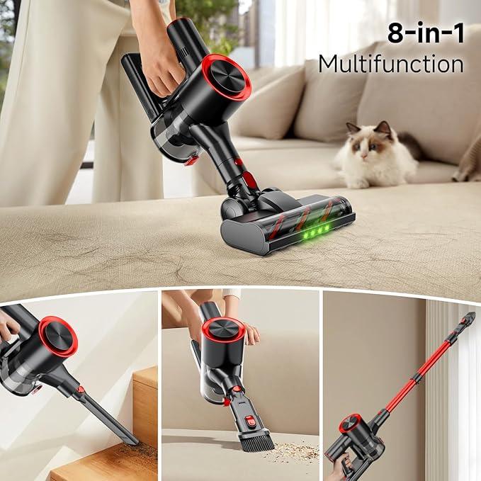 Cordless Stick Vacuum Cleaner, 38Kpa Powerful Suction Vacuum Cleaner with LED Headlight, Detachable Battery, 8-in-1 Lightweight Handheld Vacuums for Pet Hair Carpet and Hardwood Floor, Red - NeatNest