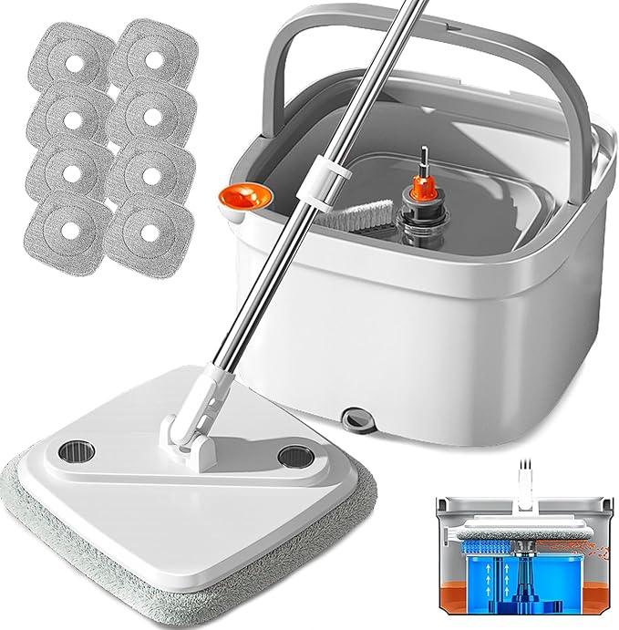 KZKR Spin Mop and Bucket Set with Self Separation Dirty and Clean Water System, Self Wringing 360° Rotating Square Mop Head for Home Floors Cleaning (1.0 Mop and Bucket Set (10 Pads)) - NeatNest