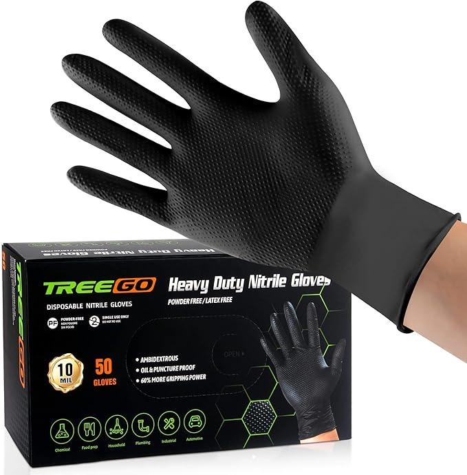 TREEGO 10 Mil Nitrile Gloves Large - Disposable Heavy Duty Rubber Gloves, Raised Diamond Texture Mechanic Gloves, Latex Free Industrial Work Gloves for Garage & Tools, 50 Count - NeatNest