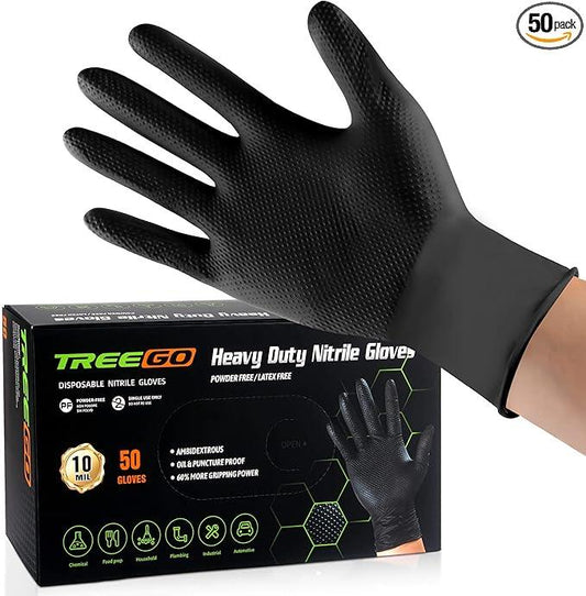 TREEGO 10 Mil Nitrile Gloves Large - Disposable Heavy Duty Rubber Gloves, Raised Diamond Texture Mechanic Gloves, Latex Free Industrial Work Gloves for Garage & Tools, 50 Count - NeatNest