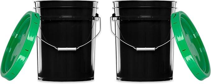 House Naturals 5 Gallon Black Bucket Pail with Green lids Food Grade BPA Free (Pack of 2) Durable 90 Mil All Purpose Container - NeatNest