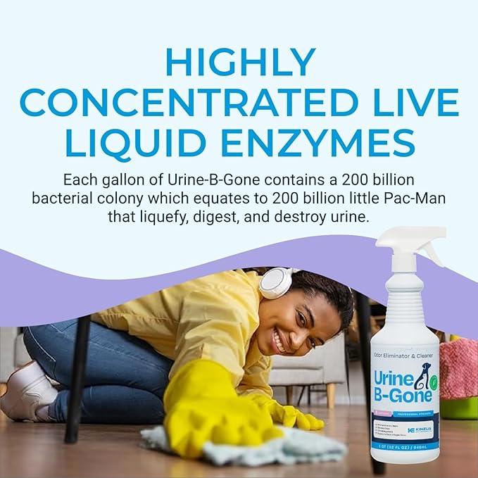 KINZUA ENVIRONMENTAL Urine B-Gone, Professional Enzyme Odor Eliminator & Pet Stain Remover, Human, Cat & Dog Urine Cleaner, Effective on Laundry, Carpets & More, Lavender Scent, 32oz - NeatNest