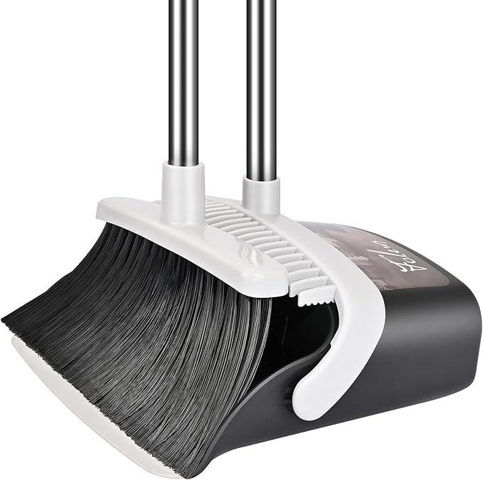 Broom and Dustpan Set, Heavy Duty Dust Pan with Long Handle 51 Inch Broom with Dustpan Combo Set Upright Self-Cleaning Dust Pan Home Kitchen Lobby Indoor Outdoor Sweeping Cleaning Tool - Gray - NeatNest