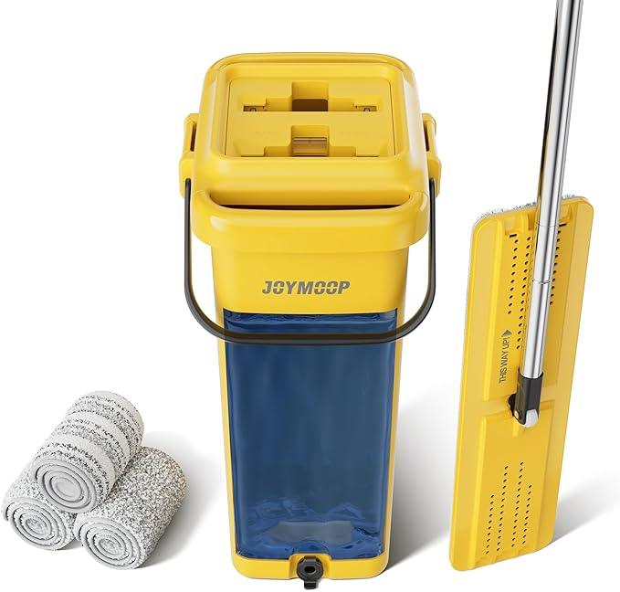 JOYMOOP Industrial Mop and Bucket Set, 17.7-inch Dust Mops for Floor Cleaning, Flat Mop Bucket with Wringer, Include 3 Reusable Microfiber Mop Pads - Yellow - NeatNest