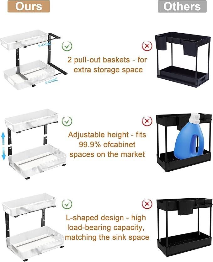 UMDONX Under Sink Organizer 2-Pack Adjustable Bathroom Under Sink Pull-Out Organizer with 5 Adjustable Heights for Kitchen, Bathroom & Laundry Storage - NeatNest