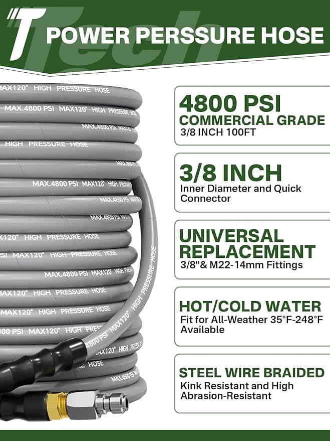 3/8" 4800PSI Pressure Washer Hose 100FT with Swivel Quick Connect for Cold/Hot Water Max 248°F, Kink Resistant Steel Wire Braided, Wear Resistant Power Washer Hose with M22 14mm Adapter - NeatNest