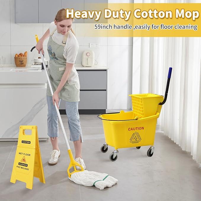 Side Press Wringer Combo Commercial Mop Bucket on Wheels, 35 Quart,Yellow, Including Wet Floor Caution Sign（24Inch） and One Industrail Mop - NeatNest