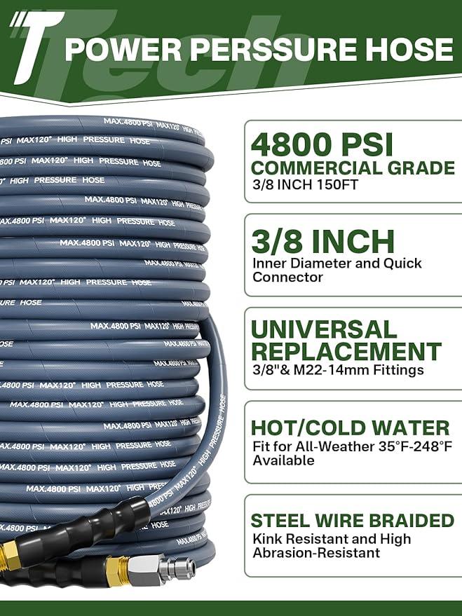 3/8" 4800PSI Pressure Washer Hose 150FT with Swivel Quick Connect for Cold/Hot Water Max 248°F, Kink Resistant Steel Wire Braided, Wear Resistant Power Washer Hose with M22 14mm Adapter - NeatNest