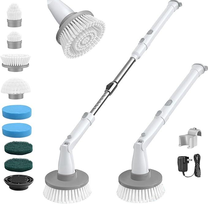 kHelfer Electric Spin Scrubber, Cordless Shower Scrubber with Long Handle, 8 Replacement Heads, 1.5H Bathroom Scrubber Dual Speed, Shower Cleaning Brush with Extension Arm for Bathtub Tile Floor - NeatNest