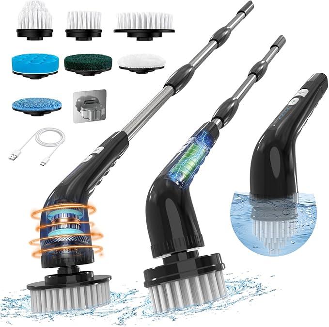 Electric Spin Scrubber, Cordless Cleaning Brush, Shower Scrubber with 7 Replaceable Brush, 2 Speeds and Adjustable Extension Handle for Bathroom Shower Bathtub Glass Car(Black) - NeatNest