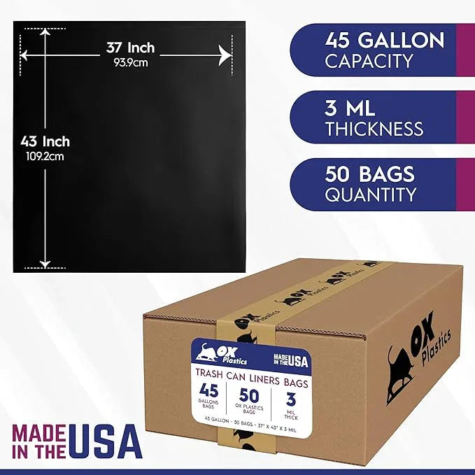 OX Plastics Black Trash Bags - Heavy Duty Garbage Bags, Extra Thick Unscented Large Trash Can Liners for Home, Outdoor, and Commercial Use - 42 Gallon, 50 Count - NeatNest
