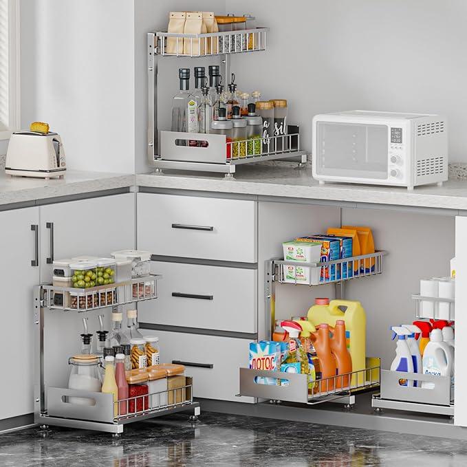 2 Pack Pro Under Sink Organizer Storage: Premium Metal 2-Tier Pull-Out Wire Basket Organizer, L Shape Height Adjustable, Easy Installation | Kitchen & Bathroom Cabinet Organizers - NeatNest
