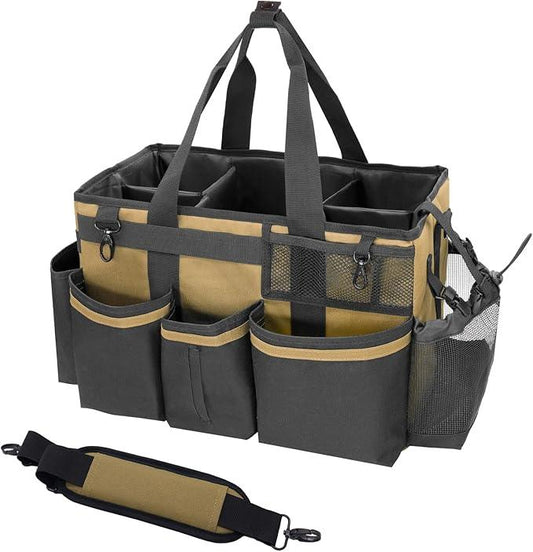 Wearable Cleaning Caddy Organizer with Handle & Shoulder Straps for Housekeepers, Under Sink & Car Cleaning Tool Organizer Bag with 4 Foldable Dividers (Tan) - NeatNest