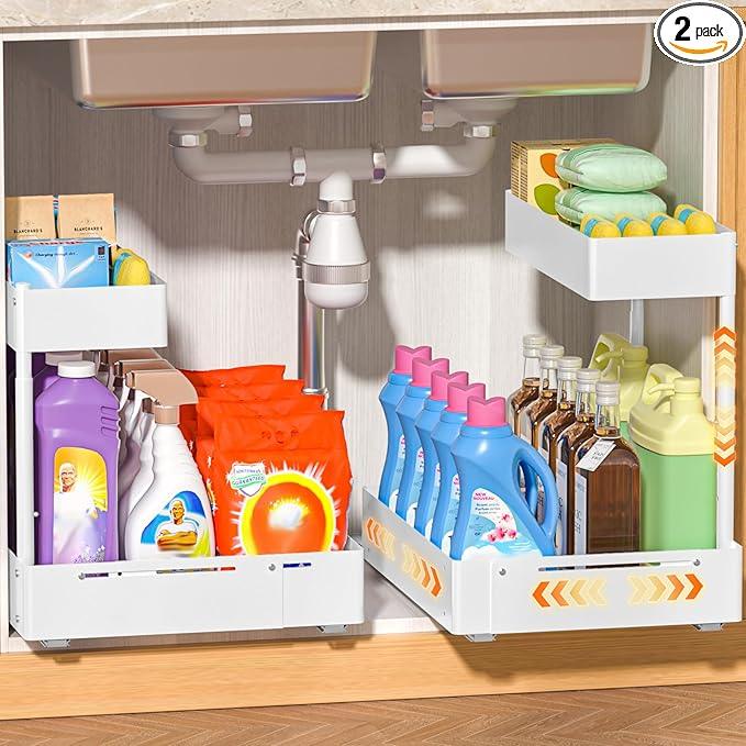 YJHome 2 Pack Expandable Under Sink Organizer, 2 Tier Pull Out Cabinet Organizer with Smooth Ball Bearing Slides, Adjustable Height Cabinet Storage Shelves for Kitchen, Bathroom, Laundry, Pantry - NeatNest