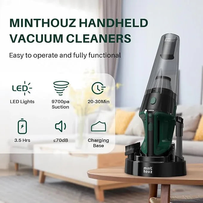Minthouz Handheld Vacuum Cordless, Strong Suction Car Vacuum Cleaner with LED Light, Long Runtime Hand Vacuum Cordless Rechargeable, Hand Held Vac with Charging Base for Home/Car/Pet/Office - NeatNest