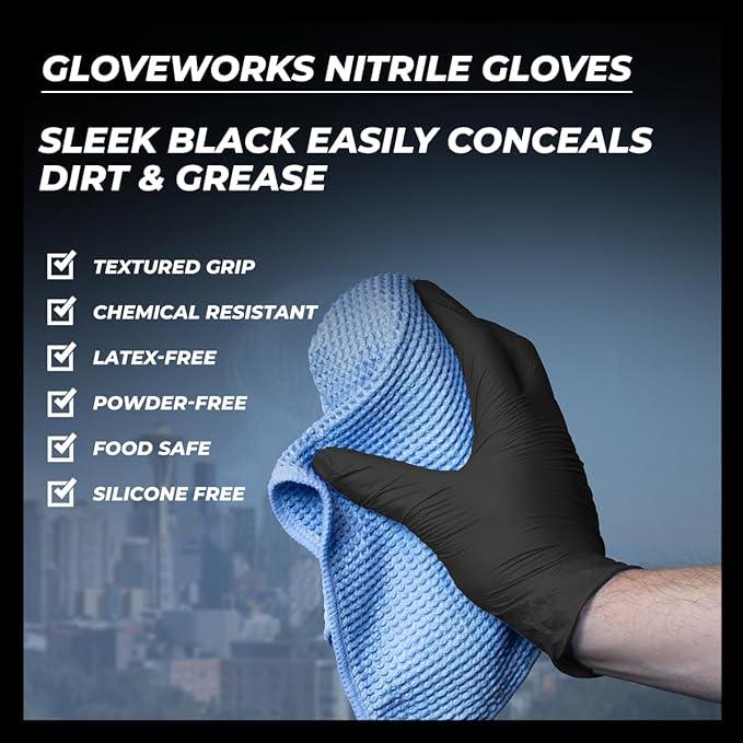 GLOVEWORKS Black Disposable Nitrile Industrial Gloves 5 Mil, Latex/Powder-Free, Food-Safe, Textured - NeatNest