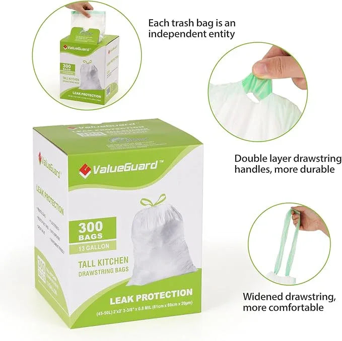 Large Trash Bag 13 Gallon Tall Drawstring 100% Post-Consumer Recycled Garbage Bag Waste Bag for Kitchen Office 0.8 Mil (300 Count) - NeatNest