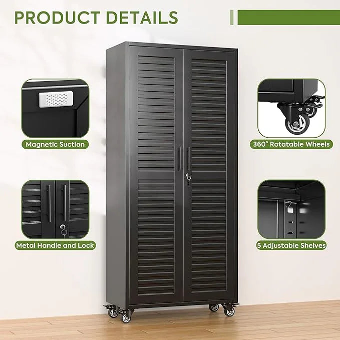 SUXXAN Garage Storage Cabinet with Wheels Pegboard and 5 Adjustable Shelves, 71"x 31.5"x15.8" Metal Lockable Cabinet with Louvered Doors, Tool Storage, Home Office Garage, Gym, School (Black) - NeatNest