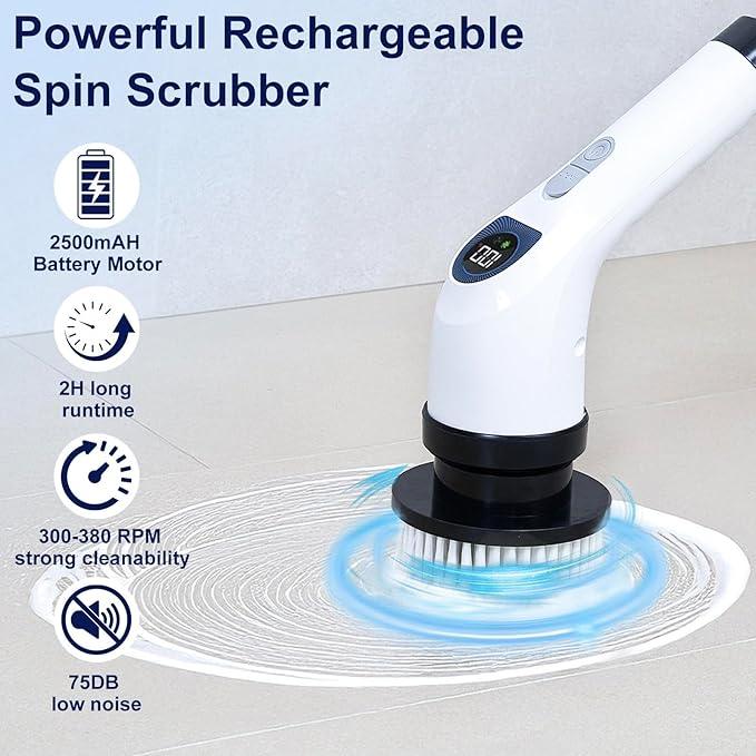 Electric Spin Scrubber for Cleaning - Shower Scrubber with Long Handle and 7 Replaceable Heads - 2 Speed Cordless Shower Brush for Cleaning with Long Battery Life, White - NeatNest