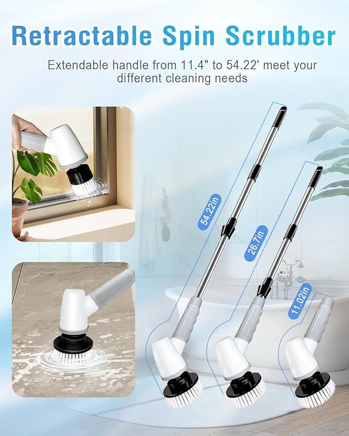 Electric Spin Scrubber Bathroom Scrubber - Cordless Shower Scrubber with Adjustable Handle, 2 Speeds, Bathroom Scrubber with 8 Replaceable Brush Heads, Power Scrubber for Bathroom Bathtub Cleaning - NeatNest
