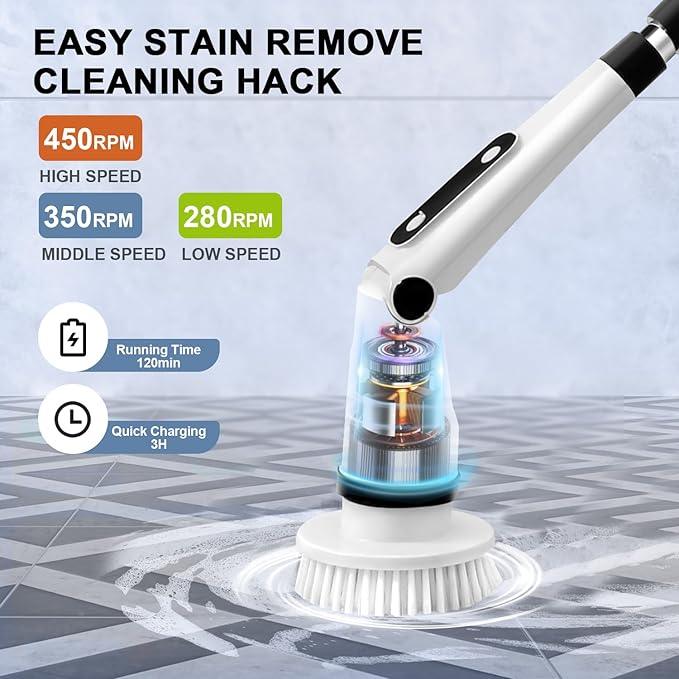 IEZFIX Electric Spin Scrubber, Bathroom Cleaning Brush, Shower Scrubber with Long Handle Adjustable, Cordless Cleaner Brush for Bathtub Kitchen Wall Household Cleaning Helper - NeatNest