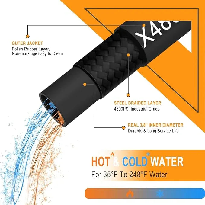 3/8" Pressure Washer Hose 100ft -Black 4800 PSI Kink Resistant Steel Wire Braided Industrial Grade Power Washer Hose for Hot/Cold Water up to 248°F with 2 M22 14mm Quick Connect Ends and Adapters Kits - NeatNest