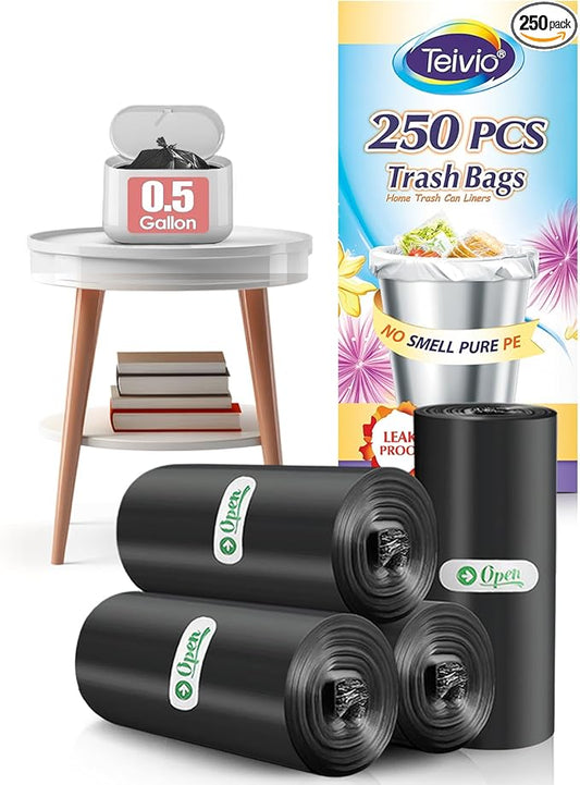 0.5 Gallon Mini Trash Bags Garbage Bags, Tiny Bathroom Trash Can Liners by Teivio, Small Plastic Bags for Desktop Trash Bin/Dog/Poop Car, Fit 2 Liters or Less Can (250 Counts, Black)