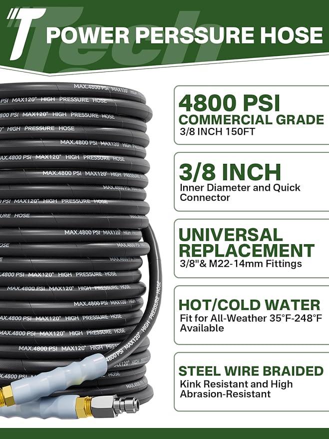 3/8" 4800PSI Pressure Washer Hose 150FT with Swivel Quick Connect for Cold/Hot Water Max 248°F, Kink Resistant Steel Wire Braided, Wear Resistant Power Washer Hose with M22 14mm Adapter - NeatNest