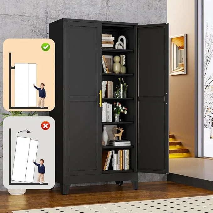Black Metal Storage Cabinet,75" Steel Cabinets for Home Office, Kitchen Pantry Storage Cabinet with Doors and 5 Adjustable Shelves, Tool Cabinets, for Office, Home, Garage, School, 36W - NeatNest