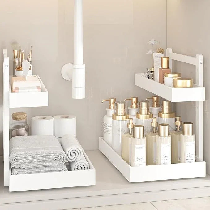 Under Sink Organizer - 1-Tier Pull Out Cabinet Organizer Vertical Slide Out Sink Shelf Storage Shelves for Multi-Purpose Bath Kitchen Bathroom Medicine (White, 2 Packs) - NeatNest