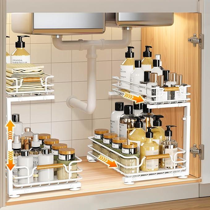 JYPS 2 Pack Under Sink Organizer, 2 Tier Pull out Under Kitchen Bathroom Sink Organizer and Storage, Metal Sliding Drawer for Cabinet Pantry Undersink Organizers Shelf - NeatNest