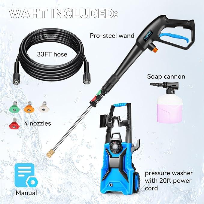 5000 PSI Adjustable Electric Pressure Washer, 2025 New Power Washer Pressure Adjustable (2500PSI-5000PSI) with 33ft Pressure Hose, 4 Nozzle and Detergent Tank for Cars, Upgraded Blue - NeatNest