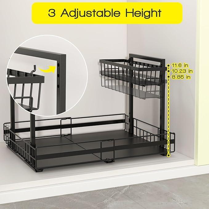 NADAMOO Expandable Under Sink Organizer 2-Tier Black Metal Storage Shelf, Adjustable Under Cabinet Organizer for Kitchen & Bathroom, Space-Saving Rack for Cleaning Supplies & Laundry Essentials - NeatNest