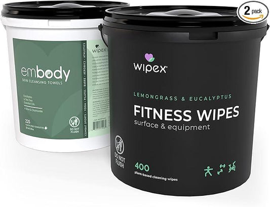 Wipex Gym Cleaning Wipes Bundle - Get (1) 400ct Lemongrass Surface Wipes & (1) 225ct Body Cloths for After Workout, Plant-Based Fitness Equipment Wipes, Clean Surfaces & Mats and Peloton Bike - NeatNest