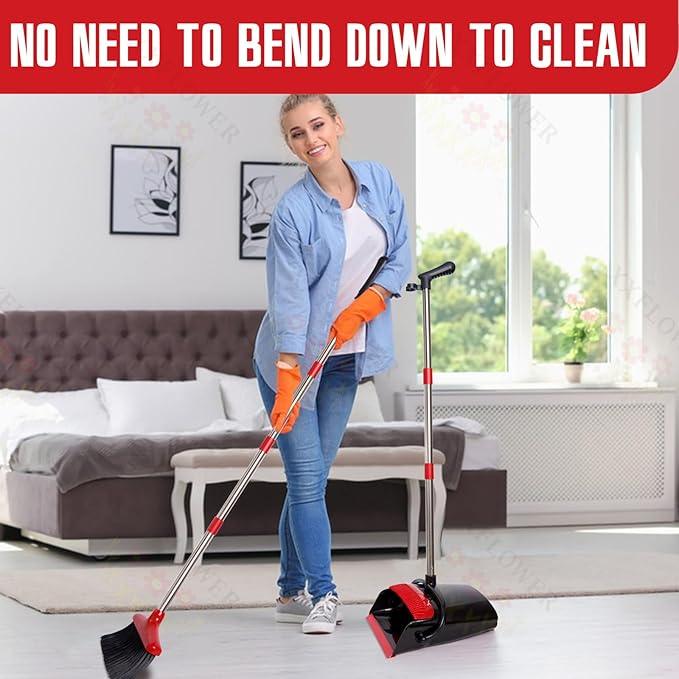 Broom and Dustpan Set with Long Handle, Light Weight Stainless Steel Poles Stand Upright Dustpans with Broom Combo for Home Kitchen Office Pet Dog Hair, Black & Red Color, 1-Pack - NeatNest