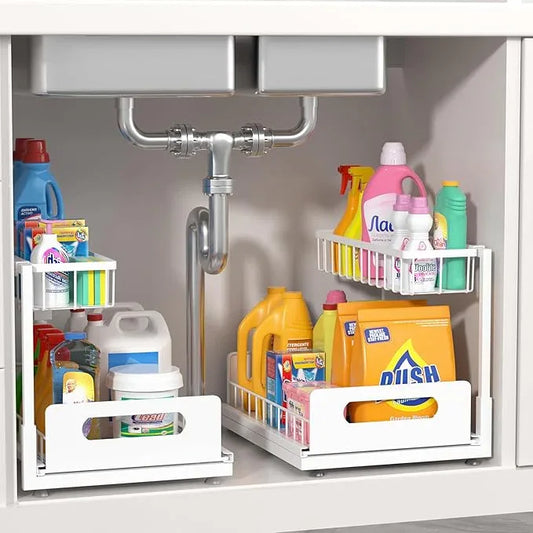 2 Pack Under Sink Organizer, 2 Tier Pull Out Cabinet Organizer,Slide out Metal Cabinet Organizers Multi-Purpose Drawer Shelf for Kitchen Bathroom Pantry Cabinet Closet Organization Rack,White - NeatNest